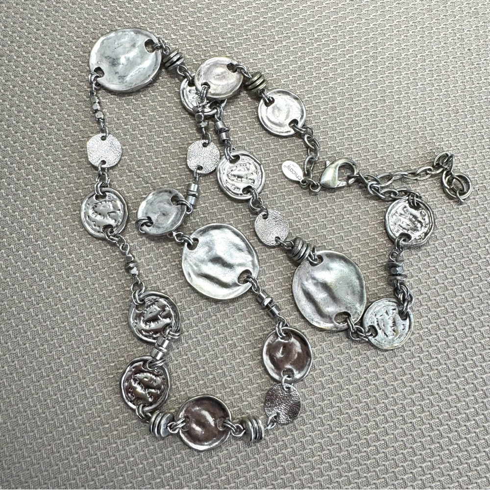Chicos Wanda Silvetone Coin Inspired Design Necklace 25” + 4” Ext